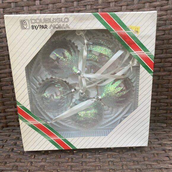 VINTAGE Christmas Bulb Noma Doubleglo Clear Silver Glitter Set of 5 Original Box - Picture 3 of 9
